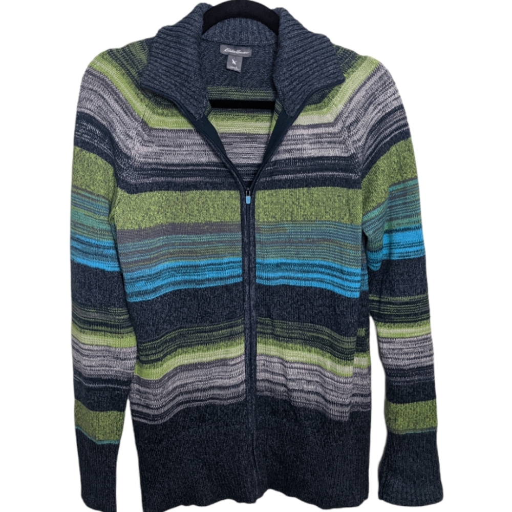 Eddie Bauer Women's Striped Zip Up Knit Jacket Size L 🌈🧥